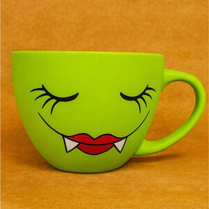 Cobwebs & Cauldrons Green Vampire Face Mug Halloween Cup Fangs Lips Ceramic 4.5”